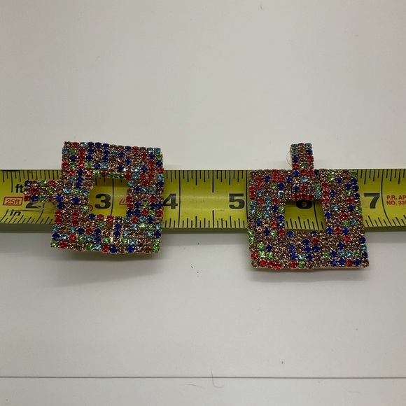 Multi-Color Geometric Diamond Studded Rhinestone Drop Earrings - Picture 6 of 7